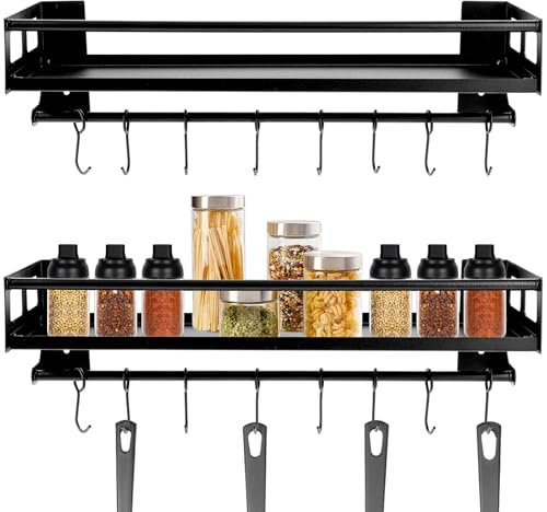 2 Articoli Portaspezie Da Parete， Mensole Cucina Da Parete Con Otto Ganci，40cm Porta Spezie Per Cucina Da Appendere Che Può Essere Appeso Utilizzando Metodi Adesivi O Di Foratura