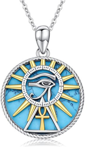YONFQE Ankh Halskette aus Sterlingsilber Auge des Horus ägyptischer Türkis Anhänger Kreuz Amulett religiöser Schmuck Geschenk für Männer und Frauen