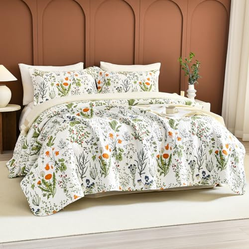 Sanracie Oversized King Quilt 120x120,100% Cotton Floral Bedspreads California King Extra Large Yellow Flowers Green Plant Pattern Printed Floral Bedding Coverlet Lightweight 3Pcs for All Season