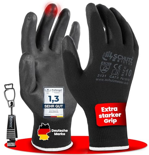 schutzmeister® 12 Paar Premium PU Arbeitshandschuhe, Größe 7/S - 11/XXL - atmungsaktiv, starker Grip, feines Tastgefühl, Montage, Garten-Handschuhe, Sicherheitshandschuhe - Herren, Damen, Mechaniker