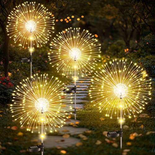 Upgrade Solarleuchten für Außen Garten, 4 Stück 122LED Solar Gartenleuchten, Höhen Optional 82/102cm | Dynamische Feuerwerk Effekte | IP65 Wasserdicht Solarlampen für Außen Garten Wege Rasen Deko