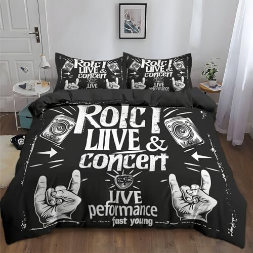 CozyRest Dunkelgrau Bettwäsche 200 x 200 cm 3 teilig Kinder Bettbezug mit Reißverschluss, Vintage-Rock-Thema Muster Wendebettwäsche Set Wendedesign und Kissenbezug