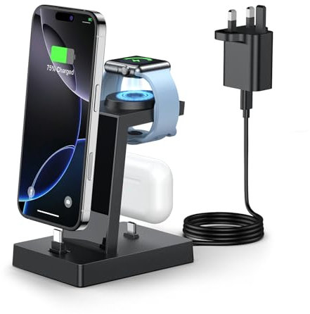 3 in 1 Charging Station - ADADPU iphone and iWatch Charger Stand with 30W USB C Charger Plug, Apple Charging Dock for iphone 16 15 Series, iWatch, Earbuds with USB C Port, Not for Samsung Watch
