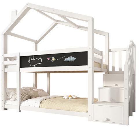 Yaheeda Hausbett Kinderbett 90x200cm, Hochbett Stockbett für 2 Kinder, Baumhaus Etagenbett mit Rausfallschutz und 2 Lattenrost, Treppe mit 3 Schubladen, Spielbett mit Tafel und Dach, Jugendbett, Weiß