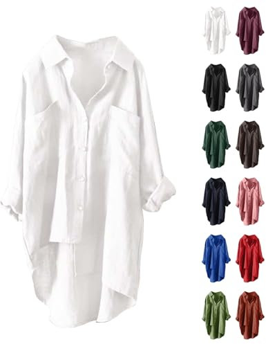 Deals des Tages Leinenbluse Damen Lang Sommer Leinenhemd Knopfleiste Hemd Casual Lose Musselin Bluse Große Größen Leinen Shirt Longbluse Angebote Kleidung