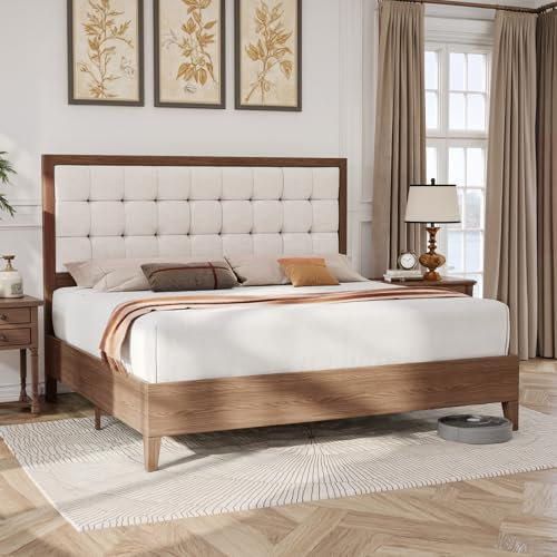 LUXOAK Massivholzbett 160x200cm aus Kiefernholz mit Gepolstertem Kopfteil, Holzbett für Schlafzimmer oder Gästezimmer, Leinenstoff, Walnuss