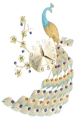 Fockety Leise Pfauen-Wanduhr, Elegante Dekorative Uhr aus Eisenmetall mit Geräuschlosem Uhrwerk, Hochwertiges Handgefertigtes Design, Luxuriöse Pfauenuhr für Wohnzimmer, Schlafzimmer,