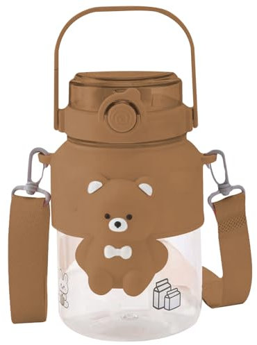 Botella de agua de oso 3D con paja y correa, botella de agua linda de 1000 ml/35 oz, kawaii a prueba de fugas con calcomanías para niños para niñas escolares de caminatas para acampar para acampar, c
