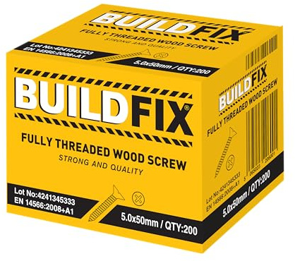 50mm Wood Screws 5mm PZ2 Fully Threaded Countersunk 200 Pack BuildFix | Fully threaded 5 x 50mm PZ2 wood screws with a countersunk head and yellow zinc finish. Trade box of 200.