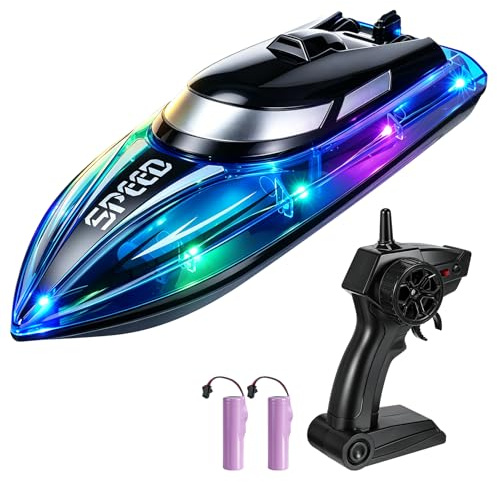 Lomffy Remote Control Boat with LED Light, RC Boat with 1500mAh Rechargeable Battery 2.4GHz Fast RC Speed Boat with Double Propellers Racing Boats for Pools and Lakes Gifts for Boys Girls, 2 Batteries