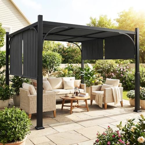 Outsunny Pergola de Jardin 3 x 3 m avec Auvent Coulissant, Gris Foncé | Tonnelle de Jardin, Structure Métallique, Abri Solaire Extérieur, pour Terrasse ou Balcon