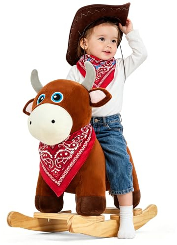 FUNLIO Stier-Schaukelpferd für Kinder 1–3 Jahre, wildes Baby-Schaukelpferd mit weichem Kopf und funkelnden Augen, plüsch Reittier, einfach montierbar, CPC-Zertifiziert