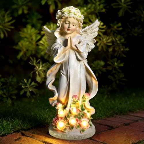 Bazcuka Fairy Engel Figur Gartendeko Solar, Gartenfiguren für Außen,mit 6 LED Solarleuchten, wasserdichte Garten Deko aus Harz Geschenke für Draußen Haus, Hof, Terrasse, Veranda 24,5cm