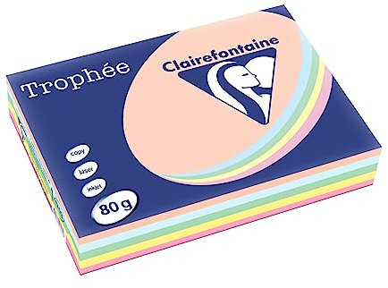 Clairefontaine 1703C - Karton mit 5 Ries Druckerpapier / Kopierpapier Trophee, Pastell Farben, DIN A4, 80g, 500 Blatt x 5, farbig sortiert, 1 Karton