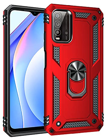DEDUX Hülle für Xiaomi Redmi 9T [Tough Armour Series] Rugged Anti-Scratch PC Rückwand Schale + Shockproof TPU + Faltbarer Halterungen. Rot