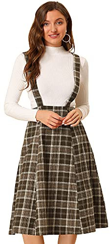 Allegra K Damen Vintage Plaid Overall Kleid A-Linie Tartan Strapse Midi Rock, Braunes Plaid, 42