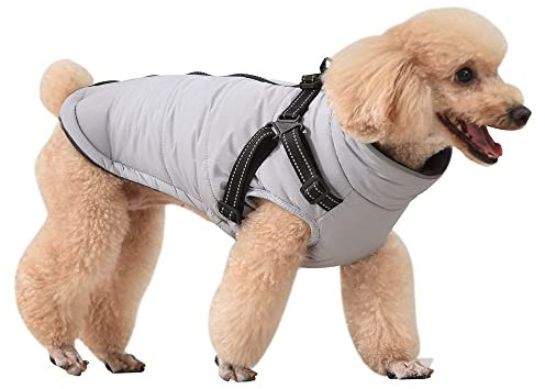 NAVESO Hundemantel Winter, Hundejacke Winter, Winter Hundemantel mit Hundegeschirr, Baumwolle Gefütterte Hundejacke, Warme Hundejacke Wasserdicht für Kleine Mittelgroße Hunde, Grau M