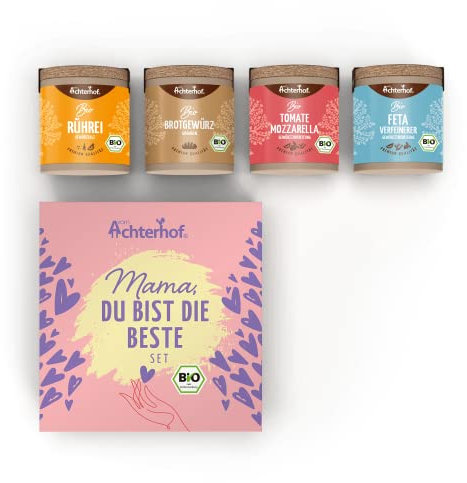 Mama, Du bist die Beste Gewürzset Bio | mit Bio Rührei-Gewürzsalz, Bio Brotgewürz, Bio Tomaten-Mozarella Gewürz | alle Gewürze in Bio Qualität | Geschenkbox | vom Achterhof