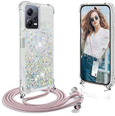 Coque avec Cordon Compatible avec Xiaomi Redmi Note 12 5G, Housse Paillette Liquide Paillette Filles Antichoc TPU Silicone Case, Réglable Smartphone Collier Etui avec Lanière pour Redmi Note 12 5G
