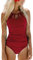 CUPSHE Damen Badeanzug mit Zierausschnitt Bauchweg Raffungen Strandmode High Neck Einteilige Bademode Swimsuit Weinrot M