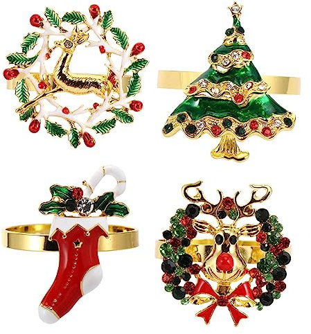 BESTonZON 4 Stück Weihnachtsserviettenschnalle Urlaub Serviettenschnalle Strass-serviettenring Baum Serviettenring Festliche Serviettenringe Weihnachtsküche Glöckchen Legierung Weihnachten