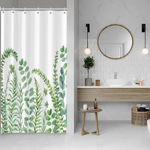 ASDCXZ Green Leaves Shower Curtain 90x180 cm, Spring Green Eucalyptus Leaves Plants Bath Washable Narrow Shower Curtains Polyester Textile Waterproof Shower Curtain for Bathtub with 6 Hook