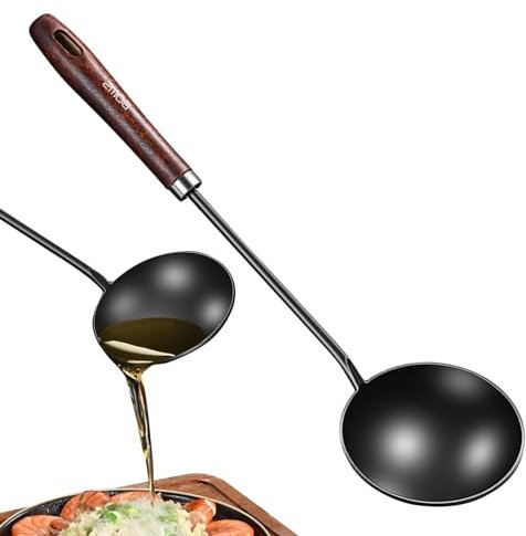 Skillet Spoon, Metal Wood Spatula, Oil Pouring Long Handle Iron Spoon, Non-Stick Cake Maker for Egg Dumplings, Stewiron Cake Spoon Frying Snack Spoon, Kitchen Cooling Supplies