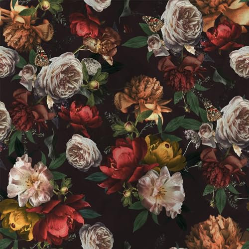 VEELIKE Papier Peint Fleuri Pivoine Vintage Papier Peint Floral Foncé Bouquet Papier Peint Adhesif Rouleau Fleur Papillon Papier Peint Mural Papier Collant pour Meuble Chambre Salon 44,5cm × 300cm