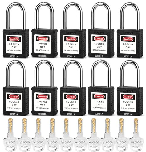 BOZZYS Lockout Lot de 10 cadenas à goupille en acier avec clé identique, corps en plastique Noir 38 mm
