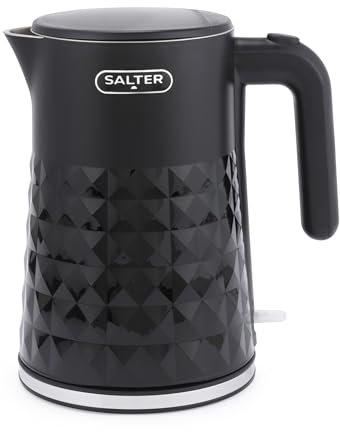 Salter EK6103BLK 1.5 L Kettle – 3kW Fast Boil Electric Tea Kettle, Double Walled to Keep Warm, 360° Swivel Base, Cool Touch Body, Water Level Indicator, Modern Diamond Design, Flip Lid Compact, Black