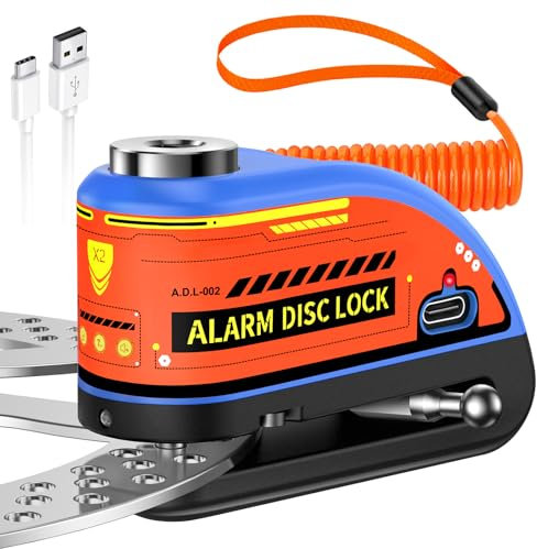 ZEXMTE Antivol à disque de frein, rechargeable, alarme, 120 dB, avec câble de rappel de 1,8 m, renforcé, étanche, frein à disque haute sécurité pour moto, vélo, scooter, bleu
