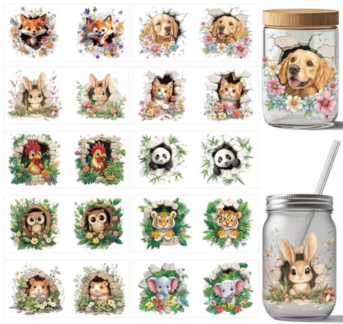 arricraft 10 Pcs Assorted Animals UV DTF Cup Wrap Transfer Sticker, 10 Styles Cute Cubs Panda Cat Transfer Paper Rub on Stickers PVC Cup Wrap Waterproof Decals for Glass 24x11cm/9.4x4.3inch