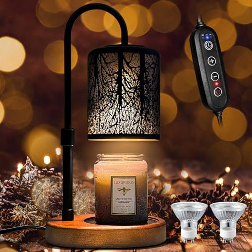 Candles Warmer with Timer and Dimmer, Adjustable Height Candle Melter, Electric Wax Warmer Vintage Home Decor for Jar Candles,2 Bulbs，Black