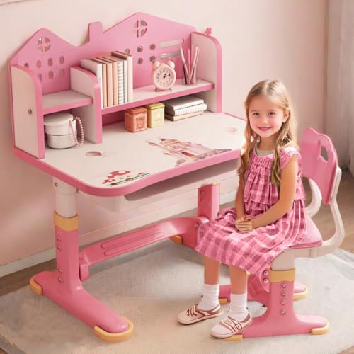 Schreibtisch- und Stuhlset für Kinder, 2-teiliges Set Höhenverstellbarer Lernschreibtisch mit Astronauten-Motiv, ergonomischer Schreibtischstuhl mit großer Schreibtafel, Regal und Schublade (rosa-b)