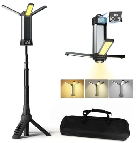 Lampe Camping avec 6000 mAh, 3 Températures de Couleur à Intensité Variable, Projecteur de Recherche Super Lumineux, Lampe Travail Rechargeable Sans Fil, Avec Trépied Extensible, Pour Camping, Voyage
