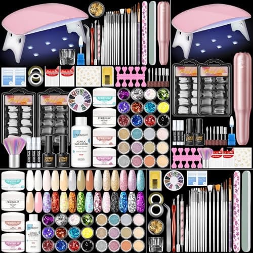 PEACECOLOR Acrylic Nail Kit - Full Set with Lamp and Electric Nail File, 4 Colors Acrylic Powder Nail Liquid 24pcs Glitter Powder for Nail Art Manicure Starter Kit DIY