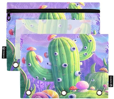 Nexawaveo Federmäppchen mit Cartoon-Kaktus mit Augen in lila Landschaft, 2 Stück, Federmäppchen für 3-Ringbinder, glatter Reißverschluss mit transparentem PVC-Fenster, Federmäppchen für Schulbedarf
