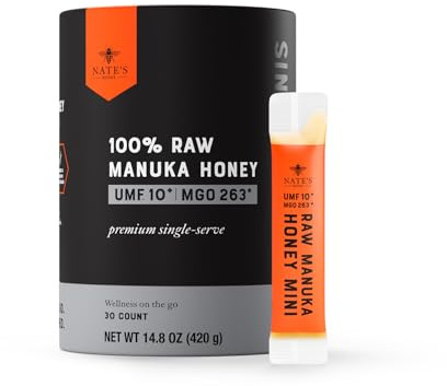 Nate's Manuka Honey Minis - Miele di Manuka puro monodose da 30 conteggi - MGO 263+ | Certificato UMF 10+ - 30 pacchetti monodose per il benessere quotidiano in movimento