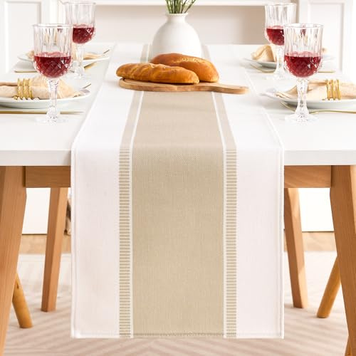 Runner Beige Ampie Strisce in Misto Cotone e Lino 40x120cm, Runner Centro Tavola in Stile Moderno Campagnolo e Rurale Tovaglia Rettangolare per Tavolo da Pranzo, Credenza, Mobile Tv, Comodino, Ecc