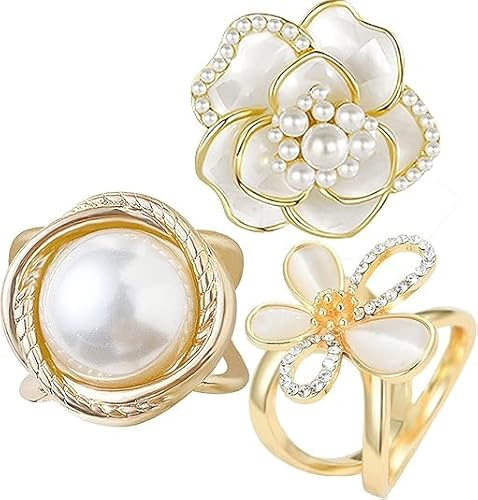 Schalclip für Damen, Set of 3 Scarf Rings for Women, Scarf Ring Clip, Schal Buckle Damen, Women's T-Shirt Clip, Goldene Blumen mit Perlen, Accessoires für T-Shirts, Schals und Hemden