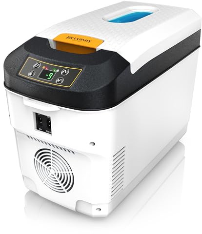 Brandson - Kühlbox elektrisch 10L – 230 V Netzspannung und 12 V KFZ Auto Bordspannung – kühlt und wärmt – Heizen max. 65°C – Herabkühlen ca 20°C unter der Umgebungstemperatur - Mittelkonsole