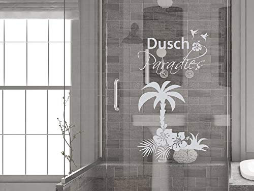 Fenstertattoo Bad Dusch Paradies mit Palme, Fensterfolie Badezimmer, Glastattoo Dusche Duschkabine / 73x40cm