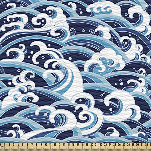 ABAKUHAUS japanische Welle Gewebe als Meterware, Wasserspritzschaum, Dicht Gewebter Stoff zum Nähen Polster Wohnaccessoires, 3M (148x300cm), Hellblau Marineblau Weiß