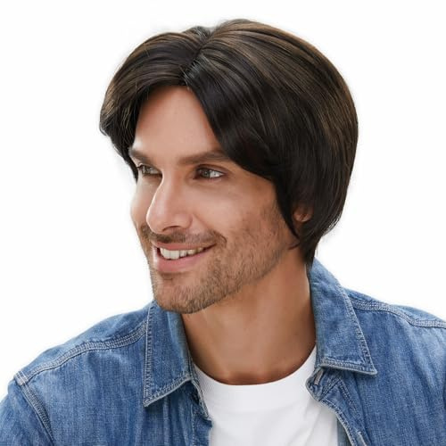 STfantasy Herren Perücke Natürlich Perrücke Blond Kurz Gerade Layered Zweifarbig Gemischt Wig für Cosplay (Tiefschwarz)