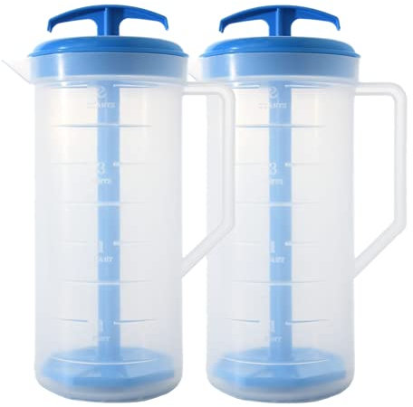 JBK Pottery 2-Quart Blue Mixing Pitcher with Plunger – BPA-Free Plastic Jug for Juice, Milk, Tea, Shakes, and More – Dishwasher-Safe, Spill-Proof Lid, Smart Stirring Design, 2 Pack