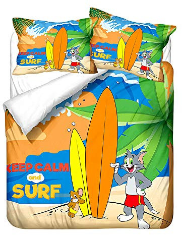 NICHIYO Tom and Jerry Bettwäsche-Set – Bettbezug und Kissenbezug, Mikrofaser, 3D-Digitaldruck, dreiteilige Bettwäsche (10, Einzelbett 135 x 200 cm)