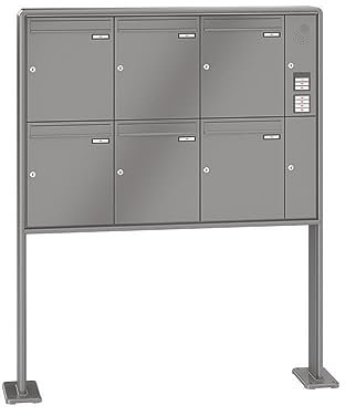 RENZ / RS2000 / 6er Freistehende Briefkastenanlage Standbriefkasten mit Sprechfeld/RAL-Farbe 9007 Volumen 23 L/mit Fußplatten/Dein-Briefkasten.de
