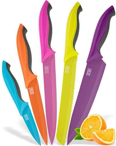 Taylors Eye Witness 5 Piece Non-Stick Knife Set Paring, All Purpose, Carving, Bread & Chefs Stainless Steel Knives. A Rainbow of Colourful Sharp Blades, Soft Grip Handles. 2 Year Guarantee.