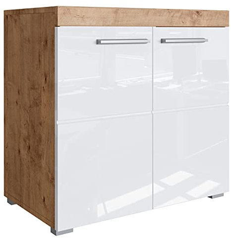 Newroom Waschbeckenunterschrank Wildeiche Weiß Hochglanz mit viel Stauraum - 60x56x34 cm (BxHxT) - Badezimmer Unterschrank Badezimmerschrank Badezimmermöbel Badunterschrank - [Trinity.Seven]