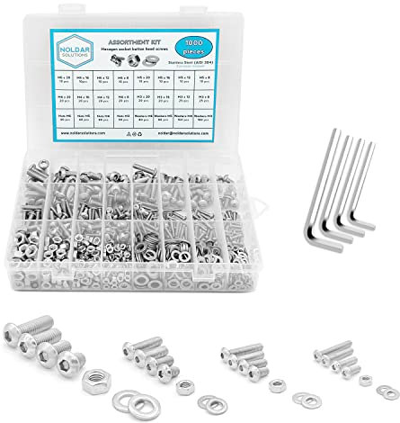 NOLDAR | Surtido de tornillos allen con cabeza de botón, tuercas hexagonales y arandelas planas. Kit tornillería en acero inoxidable de 1000 piezas Métrico M3 M4 M5 M6. Longitudes desde 8mm hasta 20mm
